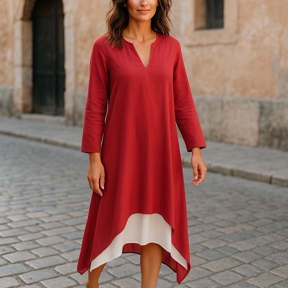 Floryday Dress MIDI A-Line Red Cream Long Sleeve V Neck Handkerchief Hem Holiday